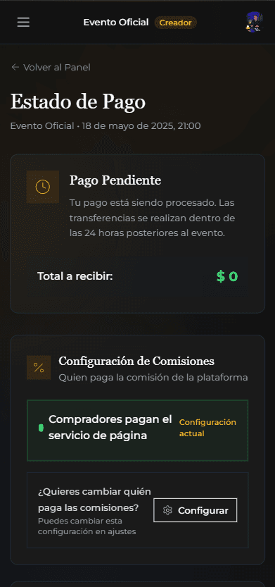 Panel de cargos y pagos en móvil